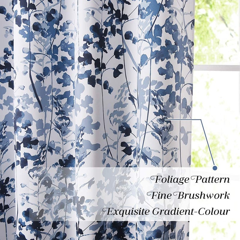 KGORGE Blackout Curtains & Drapes Boho Home/Office Artistic Decor with Vivid Watercolor Floral Painting Thermal Insulated Energy Efficient Shades for Bedroom Living Room (Blue, W 52" x L 84", 1 Pair) - Image 4